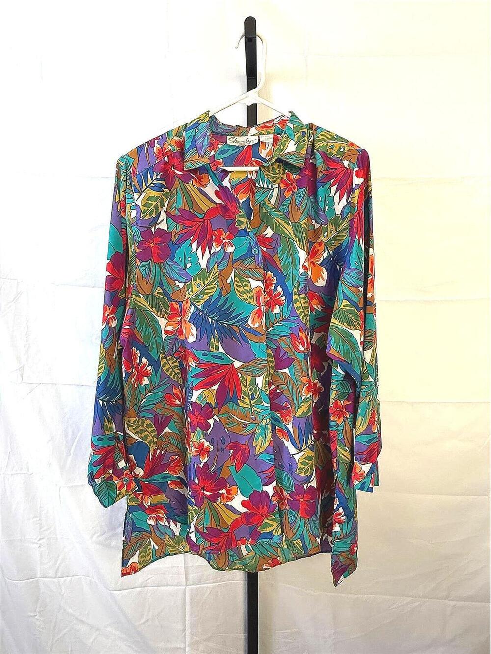 Shapely Large 90s Vibrant Floral Print Long Sleeve Blouse Hawaiian Bright Funky
